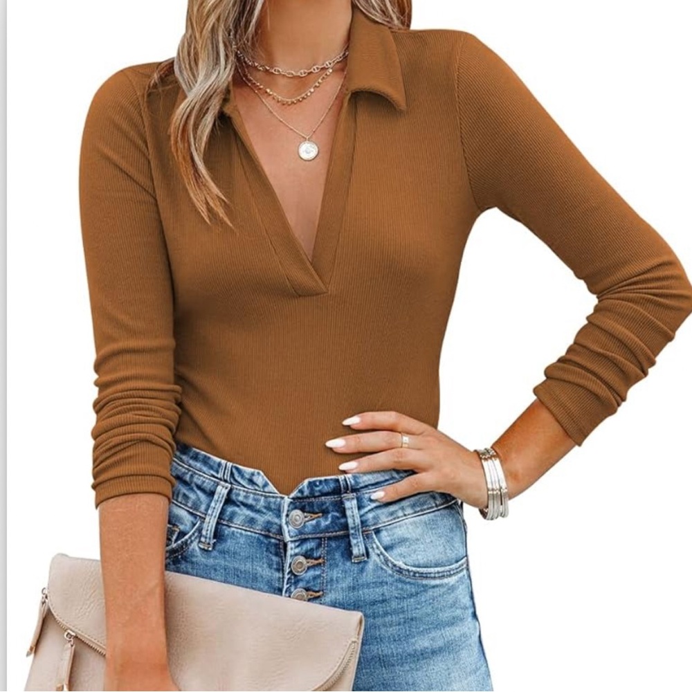 NWOT V-Neck Collared Long Sleeve Bodysuit - Brown
